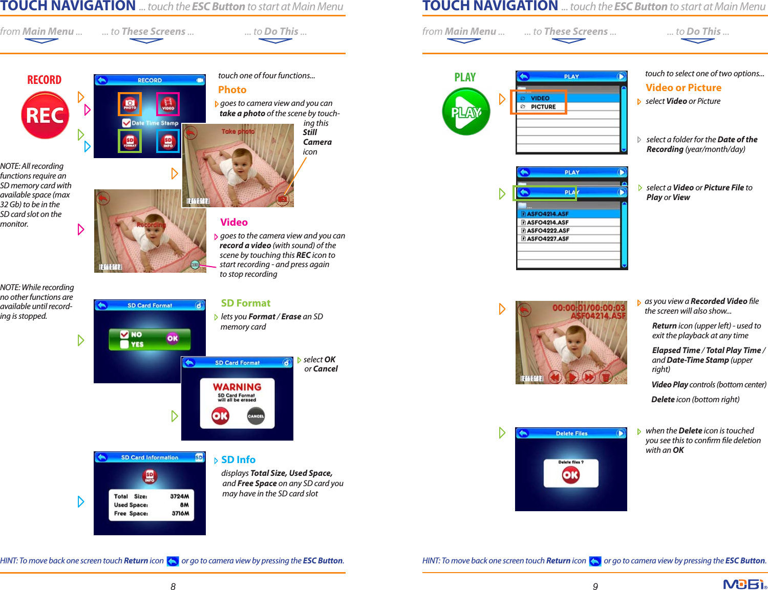 TOUCH NAVIGATION ... touch the ESC Button to start at Main Menufrom Main Menu ...          ... to These Screens ...                          ... to Do This ...TOUCH NAVIGATION ... touch the ESC Button to start at Main Menufrom Main Menu ...          ... to These Screens ...                          ... to Do This ...8 9as you view a Recorded Video le the screen will also show...      Return icon (upper left) - used to     exit the playback at any time     Elapsed Time / Total Play Time /      and Date-Time Stamp (upper     right)     Video Play controls (bottom center)     Delete icon (bottom right) when the Delete icon is touched you see this to conrm le deletion with an OK   Video   goes to the camera view and you can    record a video (with sound) of the    scene by touching this REC icon to    start recording - and press again    to stop recording   SD Info   displays Total Size, Used Space,      and Free Space on any SD card you     may have in the SD card slotRECORD   SD Format   lets you Format / Erase an SD    memory card                   select OK                                                                or CancelPLAY     touch to select one of two options...    Video or Picture   select Video or Picture      select a folder for the Date of the     Recording (year/month/day)       select a Video or Picture File to      Play or ViewNOTE: All recording functions require an SD memory card with available space (max 32 Gb) to be in the SD card slot on the monitor.  NOTE: While recording no other functions are available until record-ing is stopped.   touch one of four functions...   Photo   goes to camera view and you can    take a photo of the scene by touch-                                                          ing this              Still                                                          Camera            icon HINT: To move back one screen touch Return icon            or go to camera view by pressing the ESC Button.HINT: To move back one screen touch Return icon            or go to camera view by pressing the ESC Button.