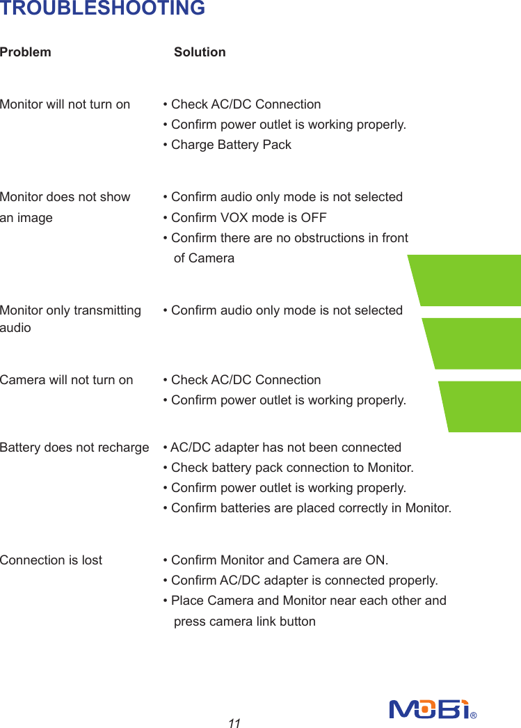 11TROUBLESHOOTING Problem          SolutionMonitorwillnotturnon •CheckAC/DCConnection   •Conrmpoweroutletisworkingproperly.   •ChargeBatteryPackMonitor does not show •Conrmaudioonlymodeisnotselectedanimage  •ConrmVOXmodeisOFF   •Conrmtherearenoobstructionsinfront           of CameraMonitor only transmitting •ConrmaudioonlymodeisnotselectedaudioCamerawillnotturnon •CheckAC/DCConnection   •Conrmpoweroutletisworkingproperly.Batterydoesnotrecharge •AC/DCadapterhasnotbeenconnected   •CheckbatterypackconnectiontoMonitor.   •Conrmpoweroutletisworkingproperly.   •ConrmbatteriesareplacedcorrectlyinMonitor.Connectionislost •ConrmMonitorandCameraareON.   •ConrmAC/DCadapterisconnectedproperly.   •PlaceCameraandMonitorneareachotherand           press camera link button