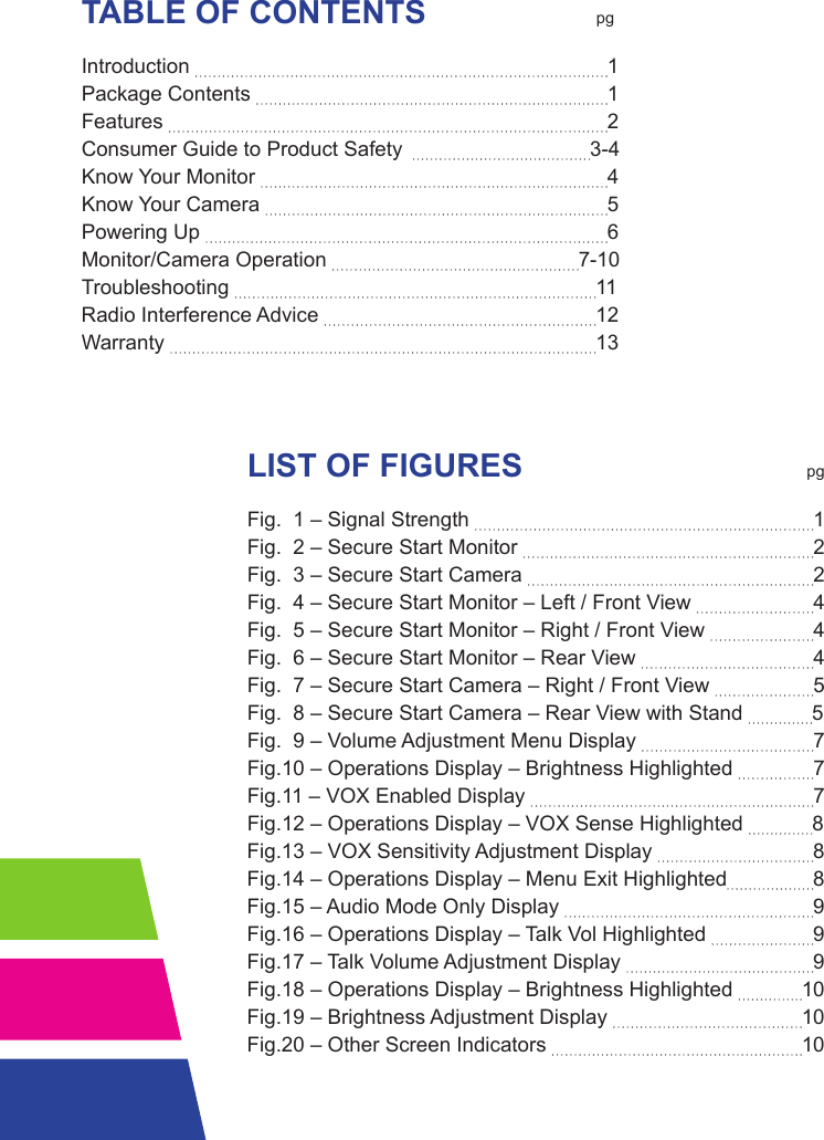 TABLE OF CONTENTS      pgIntroduction                1Package Contents              1Features                2Consumer Guide to Product Safety      3-4Know Your Monitor              4Know Your Camera              5Powering Up                6Monitor/Camera Operation    7-10Troubleshooting         11Radio Interference Advice        12Warranty         13  LIST OF FIGURES             pg    Fig.  1 – Signal Strength                     1    Fig.  2 – Secure Start Monitor                   2    Fig.  3 – Secure Start Camera                   2    Fig.  4 – Secure Start Monitor – Left / Front View               4    Fig.  5 – Secure Start Monitor – Right / Front View               4    Fig.  6 – Secure Start Monitor – Rear View                 4    Fig.  7 – Secure Start Camera – Right / Front View               5    Fig.  8 – Secure Start Camera – Rear View with Stand            5    Fig.  9 – Volume Adjustment Menu Display                 7    Fig.10 – Operations Display – Brightness Highlighted              7    Fig.11 – VOX Enabled Display                   7    Fig.12 – Operations Display – VOX Sense Highlighted            8    Fig.13 – VOX Sensitivity Adjustment Display                8    Fig.14 – Operations Display – Menu Exit Highlighted               8     Fig.15 – Audio Mode Only Display                   9    Fig.16 – Operations Display – Talk Vol Highlighted               9    Fig.17 – Talk Volume Adjustment Display                  9      Fig.18 – Operations Display – Brightness Highlighted            10    Fig.19 – Brightness Adjustment Display               10    Fig.20 – Other Screen Indicators                 10