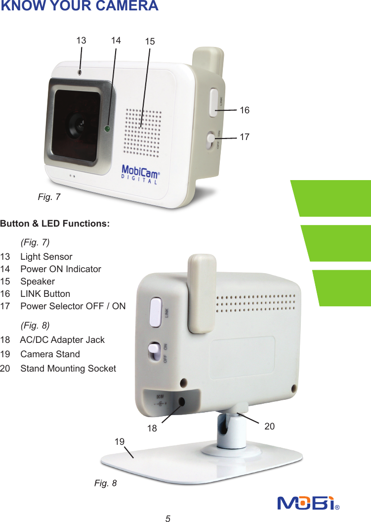 KNOW YOUR CAMERA513 14 15171618 2019Button &amp; LED Functions:        (Fig. 7) 13    Light Sensor                                              14    Power ON Indicator15    Speaker16    LINK Button17    Power Selector OFF / ON        (Fig. 8) 18    AC/DC Adapter Jack19    Camera Stand20        Stand  Mounting  Socket                                                     