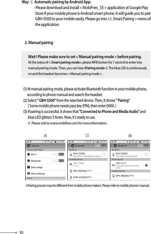 10(1) At manual pairing mode, please activate Bluetooth function in your mobile phone,            according to phone manual and search the headset.(2) Select &quot; GBH-S500&quot; from the searched device. Then, it shows &quot; Pairing&quot;       ( Some mobile phone needs pass key (PIN), then enter 0000. )(3) If pairing is successful, it shows that &quot;Connected to Phone and Media Audio&quot; and       blue LED glitters 5 times. Now, it&apos;s ready to use.※Please visit to www.mobifren.com for more information.Way②Automatic pairing by Android App.                 - Please download and install &lt; MobiFren_S5 &gt; application at Google Play                           Store if your mobile phone is Android smart phone. It will guide you to pair                   GBH-S500 to your mobile easily. Please go into &lt;1. Smart Pairing &gt; menu of                   the application.2. Manual pairingWait ! Please make sure to set &lt; Manual pairing mode &gt; before pairing.At the status of &lt; Smart pairing mode&gt;, please MFB button for 1 second to enter into manual pairing mode. Then, you can hear (Pairing mode~). The blue LED is continuously on and the headset becomes &lt; Manual pairing mode &gt;.※Pairing process may be dierent from mobile phone makers. Please refer to mobile phone&apos;s manual.(1)   (2) (3)