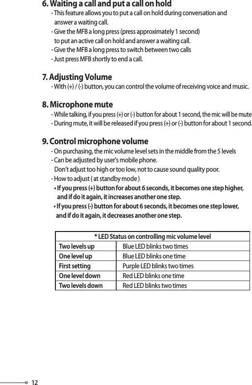 12       6. Waiting a call and put a call on hold            - This feature allows you to put a call on hold during conversation and                    answer a waiting call.            - Give the MFB a long press (press approximately 1 second)                    to put an active call on hold and answer a waiting call.            - Give the MFB a long press to switch between two calls            - Just press MFB shortly to end a call.       7. Adjusting Volume            - With (+) / (-) button, you can control the volume of receiving voice and music.       8. Microphone mute            - While talking, if you press (+) or (-) button for about 1 second, the mic will be mute            - During mute, it will be released if you press (+) or (-) button for about 1 second.        9. Control microphone volume            - On purchasing, the mic volume level sets in the middle from the 5 levels            - Can be adjusted by user&apos;s mobile phone.                    Don’t adjust too high or too low, not to cause sound quality poor.            - How to adjust ( at standby mode )                   • If you press (+) button for about 6 seconds, it becomes one step higher,                       and if do it again, it increases another one step.                   • If you press (-) button for about 6 seconds, it becomes one step lower,                      and if do it again, it decreases another one step.Two levels upOne level upFirst settingOne level downTwo levels downBlue LED blinks two timesBlue LED blinks one timePurple LED blinks two timesRed LED blinks one timeRed LED blinks two times* LED Status on controlling mic volume level