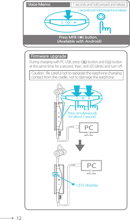 Caution : Be careful not to separate the earphone chargingcontact from the cradle, not to damage the earphone.Firmware upgradeDuring charging with PC USB, press (      ) button and (      ) buttonat the same time for a second, then, red LED blinks and turn off. LED displayPress simultaneously  for about 1 second. 121 seconds and hold pressed and releaseVoice Memo1 seconds and hold pressed and releasePress MFB (    ) button.    (Available with Android)