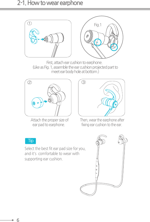 First, attach ear cushion to earphone.  (Like as Fig. 1, assemble the ear cushion projected part tomeet ear body hole at bottom.)Fig.1Then, wear the earphone afterfixing ear cushion to the ear.  Attach the proper size ofear pad to earphone. Select the best fit ear pad size for you,and it&apos;s  comfortable to wear withsupporting ear cushion.Tip2-1. How to wear earphone6