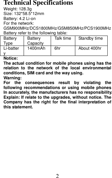 2 Technical Specifications Weight: 128.3g   Size: 132*58.5*12mm Battery: 4.2 Li-on For the network: GSM900MHz/DCS1800MHz/GSM850MHz/PCS1900MHz Battery refer to the following table: Battery Type Battery Capacity Talk time Standby time Li-battery 1400mAh 6hr About 400hr Notice:   The actual condition for mobile phones using has the relation  to  the  network  of  the  local  environmental conditions, SIM card and the way using. Warning:   For  the  consequences  result  by  violating  the following  recommendations  or using  mobile phones In accurately, the manufacturers has no responsibility. Explain: If relate to the upgrades, without notice. The Company has the right  for the final interpretation of this statement.       