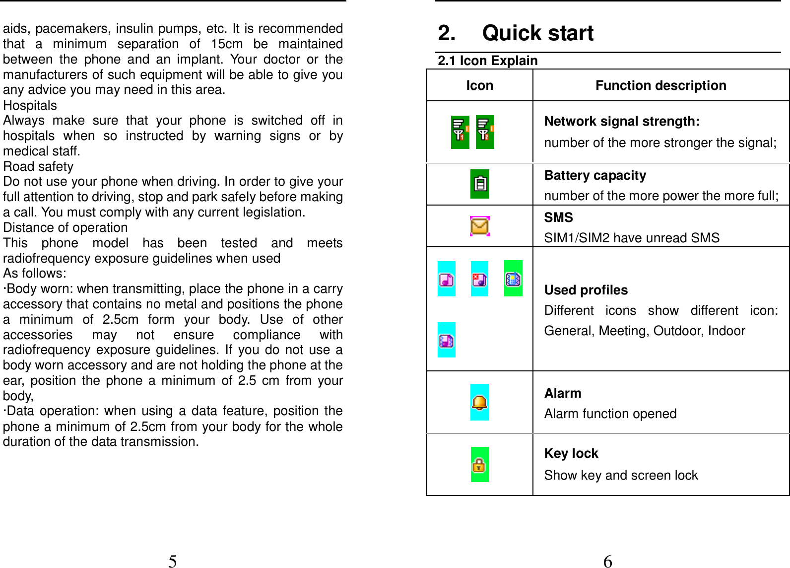  5 aids, pacemakers, insulin pumps, etc. It is recommended that  a  minimum  separation  of  15cm  be  maintained between  the  phone  and  an  implant.  Your  doctor  or  the manufacturers of such equipment will be able to give you any advice you may need in this area.   Hospitals Always  make  sure  that  your  phone  is  switched  off  in hospitals  when so  instructed  by  warning  signs  or  by medical staff.   Road safety Do not use your phone when driving. In order to give your full attention to driving, stop and park safely before making a call. You must comply with any current legislation. Distance of operation This  phone  model  has  been  tested  and  meets radiofrequency exposure guidelines when used   As follows: ·Body worn: when transmitting, place the phone in a carry accessory that contains no metal and positions the phone a  minimum  of  2.5cm  form  your  body.  Use  of  other accessories  may  not  ensure  compliance  with radiofrequency  exposure  guidelines.  If  you  do  not  use  a body worn accessory and are not holding the phone at the ear,  position  the  phone  a  minimum  of  2.5  cm  from  your body, ·Data  operation:  when  using  a  data  feature,  position  the phone a minimum of 2.5cm from your body for the whole duration of the data transmission.  6 2.  Quick start 2.1 Icon Explain Icon  Function description        Network signal strength: number of the more stronger the signal;  Battery capacity number of the more power the more full;  SMS SIM1/SIM2 have unread SMS              Used profiles Different  icons  show  different  icon: General, Meeting, Outdoor, Indoor  Alarm Alarm function opened  Key lock Show key and screen lock 