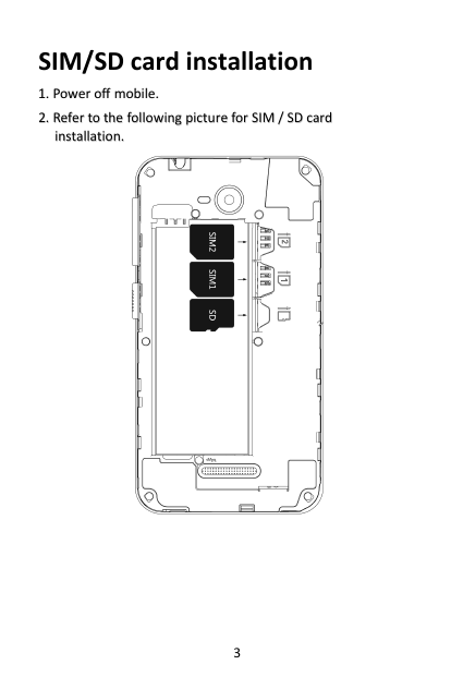 3SIM/SD card installation1.1. PowerPower offoff mobile.mobile.2.2. ReferRefer toto thethe followingfollowing picturepicture forfor SIMSIM //SDSD cardcardinstallation.installation.