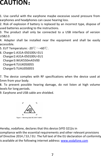 7CAUTION：1. Use careful with the earphone maybe excessive sound pressure fromearphones and headphones can cause hearing loss.2. Risk of explosion if battery is replaced by an incorrect type, dispose ofused batteries according to the instructions.3. The product shall only be connected to a USB interface of versionUSB2.0.4. Adapter shall be installed near the equipment and shall be easilyaccessible.5. EUT Temperature: -20℃～+60℃.6. Charger1:A31A-050100U-EU1Charger2:A31A-050100U-EU1Charger3:WUK550mA5V00Charger4:TUUK050055Charger5:TUAU0500557. The device complies with RF specifications when the device used at5mm from your body.8. To prevent possible hearing damage, do not listen at high volumelevels for long periods.9. Earphone and USB cable are shielded.Hereby, vodafone, declares that this device (VFD 321)is incompliance with the essential requirements and other relevant provisionsof Directive 2014 / 53 / EU. The full text of the EU declaration of conformityis available at the following internet address: www.vodafone.com