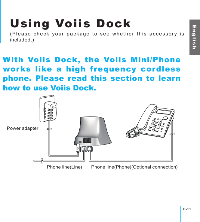 Using Voiis DockE-11E n g l i s hUsing Voiis Dock(Please check your package to see whether this accessory is included.)With Voiis Dock, the Voiis Mini/Phone works like a high frequency cordless phone. Please read this section to learn how to use Voiis Dock.Power adapterPhone line(Phone)(Optional connection)Phone line(Line)