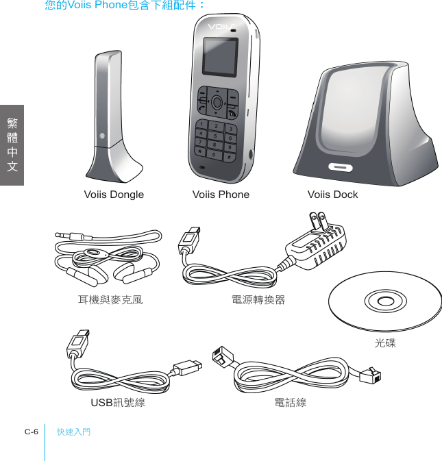 快速入門C-6耳機與麥克風Voiis Dongle Voiis Phone Voiis Dock電源轉換器光碟USB訊號線 電話線您的Voiis Phone包含下組配件：