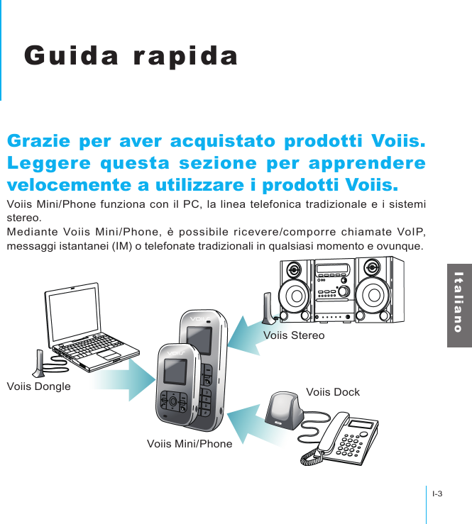 Voiis DongleVoiis Mini/PhoneVoiis StereoVoiis DockGuida rapidaI-3I t a l i a n oGuida rapidaGrazie per aver acquistato prodotti Voiis. Leggere questa sezione per apprendere velocemente a utilizzare i prodotti Voiis.Voiis Mini/Phone  funziona con  il PC, la linea telefonica tradizionale  e i sistemi stereo.Mediante  Voiis  Mini/Phone, è  possibile ricevere/comporre  chiamate  VoIP, messaggi istantanei (IM) o telefonate tradizionali in qualsiasi momento e ovunque.