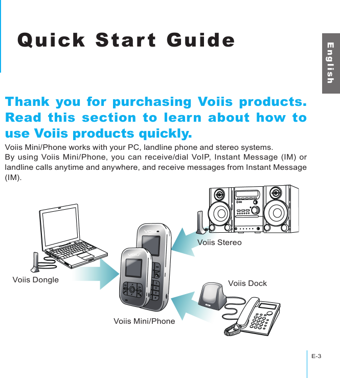 Voiis DongleVoiis Mini/PhoneVoiis StereoVoiis DockQuick Start GuideE-3E n g l i s hQuick Start GuideThank you for purchasing Voiis products. Read this section to learn about how to use Voiis products quickly.Voiis Mini/Phone works with your PC, landline phone and stereo systems.By using Voiis Mini/Phone, you can receive/dial VoIP, Instant Message (IM) or landline calls anytime and anywhere, and receive messages from Instant Message (IM).