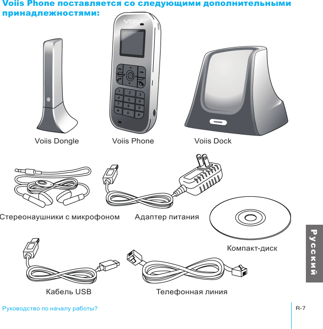 Стереонаушники с микрофономVoiis Dongle Voiis Phone Voiis DockАдаптер питанияКомпакт-дискКабель USB Телефонная линияРуководство по началу работы?R-7Р у с с к и йVoiis Phone поставляется со следующими дополнительными принадлежностями: