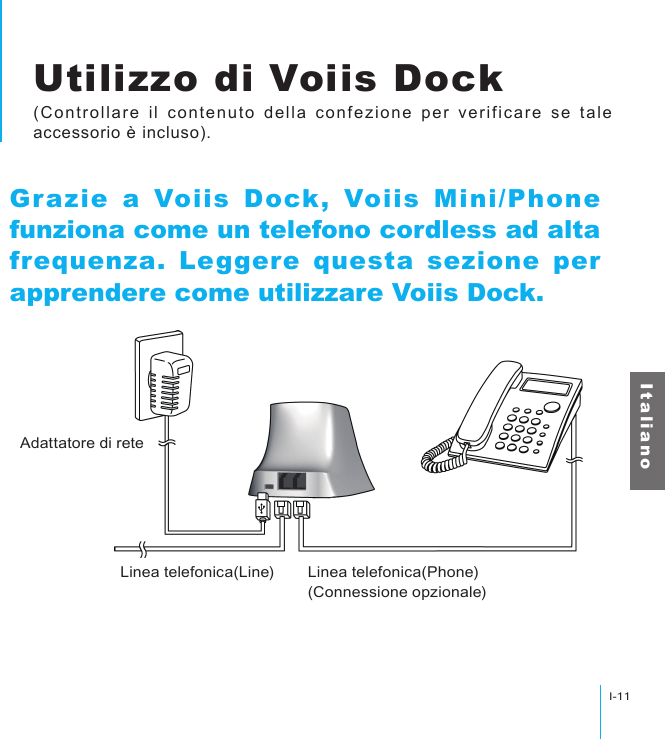 Utilizzo di Voiis DockI-11I t a l i a n oUtilizzo di Voiis Dock(Controllare il contenuto della confezione per verificare se tale accessorio è incluso).Grazie a Voiis Dock, Voiis Mini/Phone funziona come un telefono cordless ad alta frequenza. Leggere questa sezione per apprendere come utilizzare Voiis Dock.Adattatore di reteLinea telefonica(Phone)(Connessione opzionale)Linea telefonica(Line)
