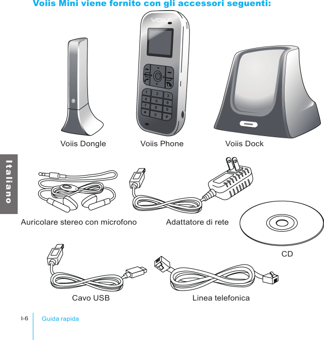 Auricolare stereo con microfonoVoiis Dongle Voiis Phone Voiis DockAdattatore di reteCDCavo USB Linea telefonicaGuida rapidaI-6I t a l i a n oVoiis Mini viene fornito con gli accessori seguenti: