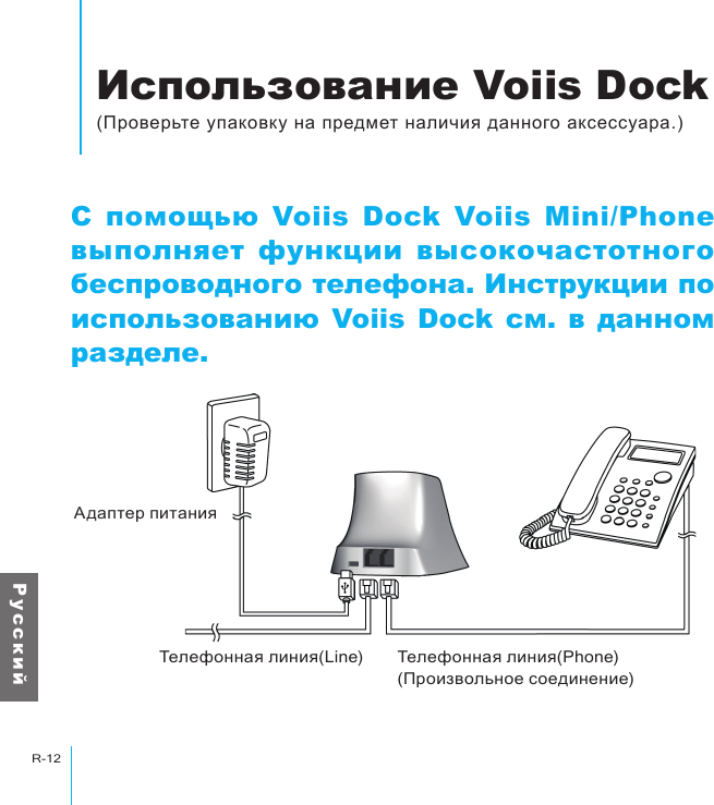 Использование Voiis DockR-12Р у с с к и йИспользование Voiis Dock(Проверьте упаковку на предмет наличия данного аксессуара.)С помощью Voiis Dock Voiis Mini/Phone выполняет функции высокочастотного беспроводного телефона. Инструкции по использованию Voiis  Dock см. в  данном разделе.Адаптер питанияТелефонная линия(Phone)(Произвольное соединение)Телефонная линия(Line)