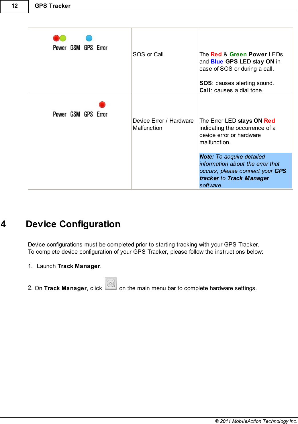 GPS Tracker12© 2011 MobileAction Technology Inc.   SOS or Call   The Red &amp; Green Power LEDsand Blue GPS LED stay ON incase of SOS or during a call. SOS: causes alerting sound.Call: causes a dial tone.   Device Error / HardwareMalfunction   The Error LED stays ON Redindicating the occurrence of adevice error or hardwaremalfunction. Note: To acquire detailedinformation about the error thatoccurs, please connect your GPStracker to Track Managersoftware.   4 Device ConfigurationDevice configurations must be completed prior to starting tracking with your GPS Tracker.To complete device configuration of your GPS Tracker, please follow the instructions below: 1.Launch Track Manager. 2.On Track Manager, click   on the main menu bar to complete hardware settings. 