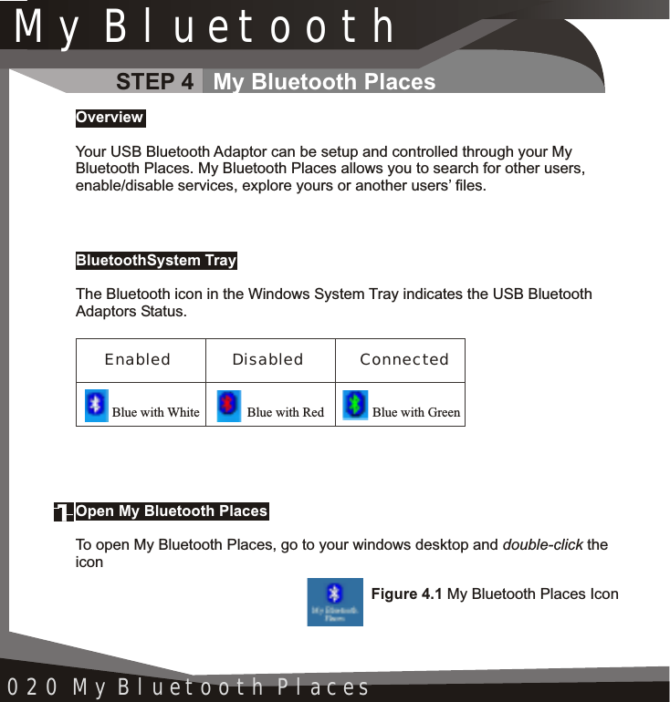 My Bluetooth020 My Bluetooth PlacesSTEP 4 My Bluetooth PlacesOpen My Bluetooth PlacesTo open My Bluetooth Places, go to your windows desktop and double-click theiconBluetoothSystem TrayThe Bluetooth icon in the Windows System Tray indicates the USB Bluetooth Adaptors Status.OverviewYour USB Bluetooth Adaptor can be setup and controlled through your My Bluetooth Places. My Bluetooth Places allows you to search for other users, enable/disable services, explore yours or another users’ files.Figure 4.1 My Bluetooth Places IconEnabled Disabled ConnectedBlue with White Blue with Red Blue with Green