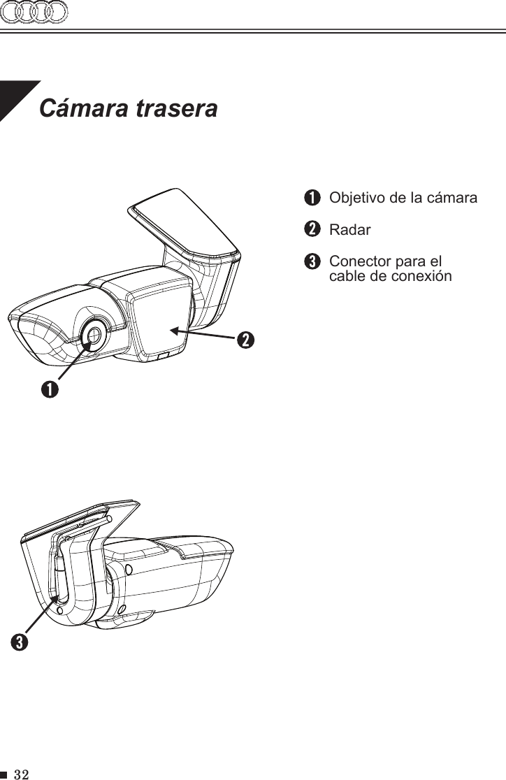 32Cámara traseraObjetivo de la cámaraRadarConector para el cable de conexión