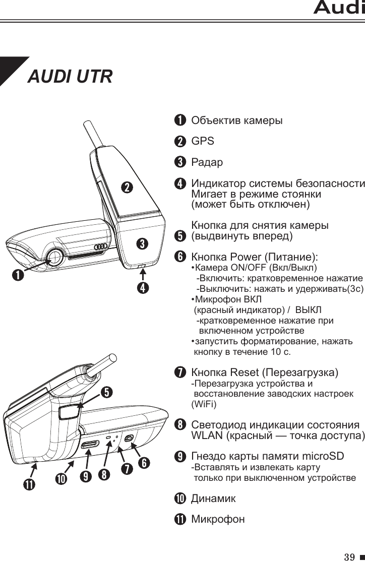 39AUDI UTRОбъектив камерыGPSРадарИндикатор системы безопасностиМигает в режиме стоянки (может быть отключен)Кнопка для снятия камеры(выдвинуть вперед)Кнопка Power (Питание):•Камера ON/OFF (Вкл/Выкл)  -Включить: кратковременное нажатие  -Выключить: нажать и удерживать(3 с)•Микрофон ВКЛ  (красный индикатор) /  ВЫКЛ  -кратковременное нажатие при   включенном устройстве•запустить форматирование, нажать кнопку в течение 10 с.Кнопка Reset (Перезагрузка)-Перезагрузка устройства и восстановление заводских настроек (WiFi)Светодиод индикации состояния WLAN (красный — точка доступа)Гнездо карты памяти microSD-Вставлять и извлекать карту только при выключенном устройствеДинамикМикрофон