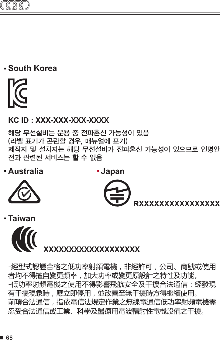 68South KoreaAustraliaTaiwanKC ID : XXX-XXX-XXX-XXXX해당 무선설비는 운용 중 전파혼신 가능성이 있음(라벨 표기가 곤란할 경우, 매뉴얼에 표기)제작자 및 설치자는 해당 무선설비가 전파혼신 가능성이 있으므로 인명안전과 관련된 서비스는 할 수 없음JapanRXXXXXXXXXXXXXXXXXXXXXXXXXXXXXXXXXXX-經型式認證合格之低功率射頻電機，非經許可，公司、商號或使用者均不得擅自變更頻率，加大功率或變更原設計之特性及功能。-低功率射頻電機之使用不得影響飛航安全及干擾合法通信：經發現有干擾現象時，應立即停用，並改善至無干擾時方得繼續使用。前項合法通信，指依電信法規定作業之無線電通信低功率射頻電機需忍受合法通信或工業、科學及醫療用電波輻射性電機設備之干擾。