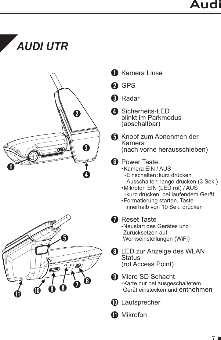 7AUDI UTRKamera LinseGPSRadarSicherheits-LEDblinkt im Parkmodus (abschaltbar)Knopf zum Abnehmen der Kamera(nach vorne herausschieben)Power Taste:•Kamera EIN / AUS  -Einschalten:kurz drücken  -Ausschalten:lange drücken (3 Sek.)•Mikrofon EIN (LED rot) / AUS  -kurz drücken, bei laufendem Gerät•Formatierung starten, Taste   innerhalb von 10 Sek. drückenReset Taste-Neustart des Gerätes und Zurücksetzen auf Werkseinstellungen (WiFi)LED zur Anzeige des WLAN Status(rot Access Point)Micro SD Schacht-Karte nur bei ausgeschaltetem Gerät einstecken und entnehmenLautsprecherMikrofon