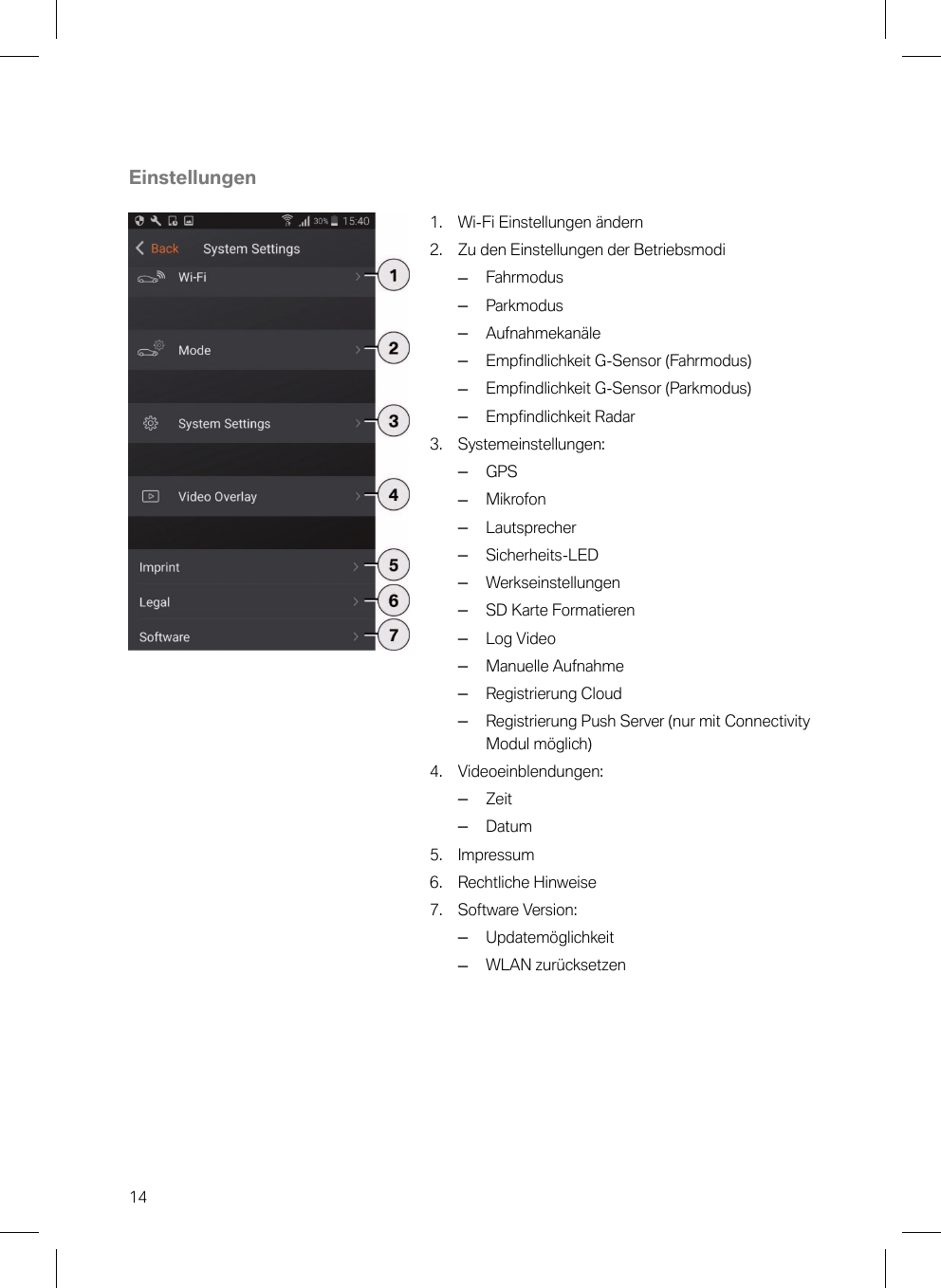 14Einstellungen1. Wi-Fi Einstellungen ändern2. Zu den Einstellungen der Betriebsmodi–Fahrmodus–Parkmodus–Aufnahmekanäle–Empfindlichkeit G-Sensor (Fahrmodus)–Empfindlichkeit G-Sensor (Parkmodus)–Empfindlichkeit Radar3. Systemeinstellungen:–GPS–Mikrofon–Lautsprecher–Sicherheits-LED–Werkseinstellungen–SD Karte Formatieren–Log Video–Manuelle Aufnahme–Registrierung Cloud–Registrierung Push Server (nur mit ConnectivityModul möglich)4. Videoeinblendungen:–Zeit–Datum5. Impressum6. Rechtliche Hinweise7. Software Version:–Updatemöglichkeit–WLAN zurücksetzen