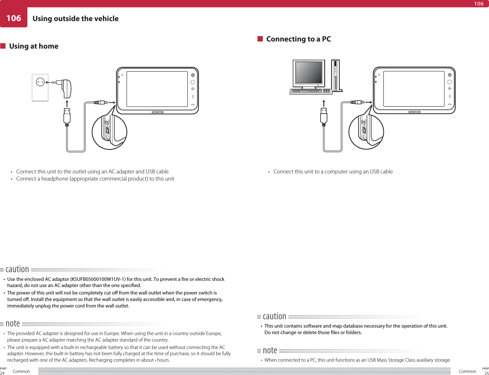 24page Common 25pageCommon106106Using outside the vehiclecaution•  This unit contains software and map database necessary for the operation of this unit.Do not change or delete those files or folders.note•  When connected to a PC, this unit functions as an USB Mass Storage Class auxiliary storage.■  Using at home•  Connect this unit to the outlet using an AC adapter and USB cable•  Connect a headphone (appropriate commercial product) to this unit■  Connecting to a PC•  Connect this unit to a computer using an USB cablecaution•  Use the enclosed AC adaptor (KSUFB05000100W1UV-1) for this unit. To prevent a fire or electric shock hazard, do not use an AC adapter other than the one specified.•  The power of this unit will not be completely cut off from the wall outlet when the power switch is turned off. Install the equipment so that the wall outlet is easily accessible and, in case of emergency, immediately unplug the power cord from the wall outlet.note•  The provided AC adapter is designed for use in Europe. When using the unit in a country outside Europe, please prepare a AC adapter matching the AC adapter standard of the country.•  The unit is equipped with a built-in rechargeable battery so that it can be used without connecting the AC adapter. However, the built-in battery has not been fully charged at the time of purchase, so it should be fully recharged with one of the AC adapters. Recharging completes in about • hours.