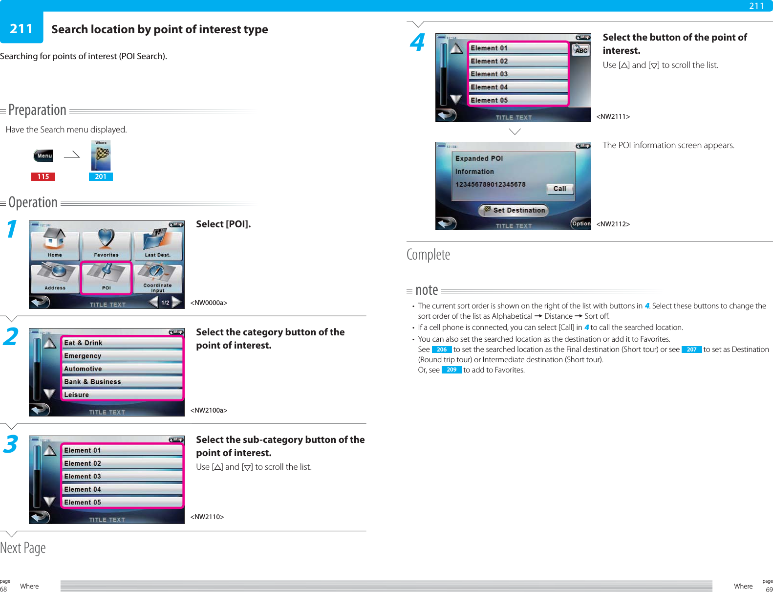 68page Where 69pageWhere211211PreparationHave the Search menu displayed.115 201Operation1Select [POI].2Select the category button of the point of interest.3Select the sub-category button of the point of interest.Use [ ] and [ ] to scroll the list.Next PageSearch location by point of interest typeSearching for points of interest (POI Search).4Select the button of the point of interest.Use [ ] and [ ] to scroll the list.The POI information screen appears. Completenote•  The current sort order is shown on the right of the list with buttons in 4. Select these buttons to change the sort order of the list as Alphabetical = Distance = Sort off.•  If a cell phone is connected, you can select [Call] in 4 to call the searched location.•  You can also set the searched location as the destination or add it to Favorites.See  206  to set the searched location as the Final destination (Short tour) or see  207  to set as Destination (Round trip tour) or Intermediate destination (Short tour).Or, see  209  to add to Favorites.&lt;NW0000a&gt;&lt;NW2100a&gt;&lt;NW2110&gt;&lt;NW2111&gt;&lt;NW2112&gt;