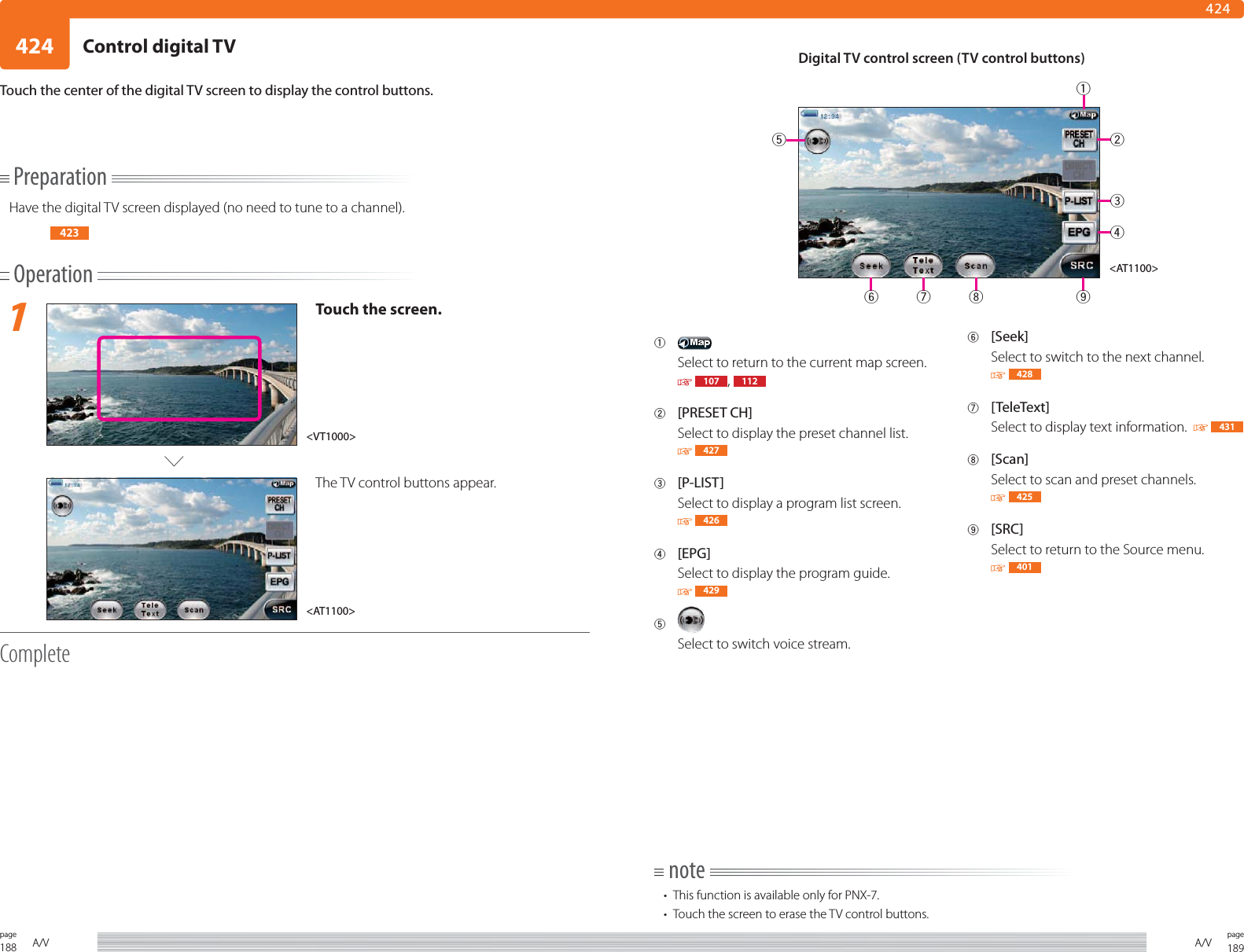 188page A/V 189pageA/V424424PreparationHave the digital TV screen displayed (no need to tune to a channel).423Operation1Touch the screen.The TV control buttons appear.CompleteTouch the center of the digital TV screen to display the control buttons.1 Select to return to the current map screen.  107 ,  1122 [PRESET CH]Select to display the preset channel list. 4273 [P-LIST]Select to display a program list screen. 4264 [EPG]Select to display the program guide. 4295 Select to switch voice stream.6 [Seek]Select to switch to the next channel. 4287 [TeleText]Select to display text information.    4318 [Scan]Select to scan and preset channels. 4259 [SRC]Select to return to the Source menu. 401note•  This function is available only for PNX-7. •  Touch the screen to erase the TV control buttons.&lt;VT1000&gt;&lt;AT1100&gt;Digital TV control screen (TV control buttons)&lt;AT1100&gt;2361457 8 9Control digital TV