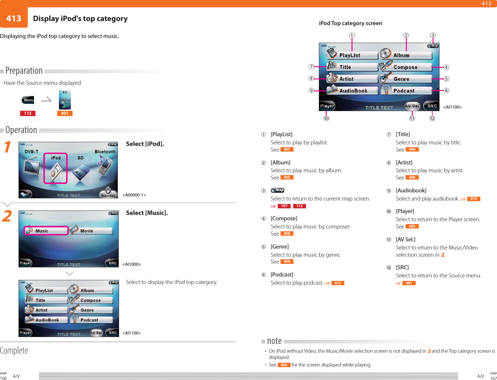 166page A/V 167pageA/V413413PreparationHave the Source menu displayed.115 401Operation1Select [iPod].2Select [Music].Select to display the iPod top category.CompleteDisplaying the iPod top category to select music.1 [PlayList]Select to play by playlist.See  407 .2 [Album]Select to play music by album.See  405 .3 Select to return to the current map screen.  107 ,  1124 [Compose]Select to play music by composer. See  408 .5 [Genre]Select to play music by genre.See  409 .6 [Podcast]Select to play podcast.   4157 [Title]Select to play music by title. See  404 .8 [Artist]Select to play music by artist. See  406 .9 [Audiobook]Select and play audiobook.   4140 [Player]Select to return to the Player screen.See  403 .- [AV Sel.]Select to return to the Music/Video selection screen in 2.= [SRC]Select to return to the Source menu. 401note•  On iPod without Video, the Music/Movie selection screen is not displayed in 2 and the Top category screen is displayed.• See  403  for the screen displayed while playing.&lt;AI1000&gt;&lt;AI1100&gt;iPod Top category screen&lt;AI1100&gt;&lt;A00000-1&gt;40-=1652893Display iPod&apos;s top category7