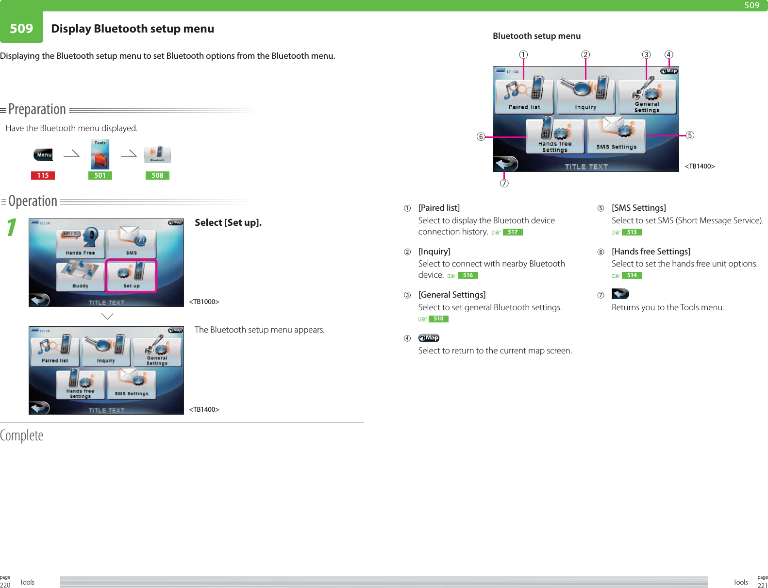 220page Tools 221pageTools509 Display Bluetooth setup menu509PreparationHave the Bluetooth menu displayed.115 501 508Operation1Select [Set up].The Bluetooth setup menu appears.CompleteDisplaying the Bluetooth setup menu to set Bluetooth options from the Bluetooth menu.1 [Paired list]Select to display the Bluetooth device connection history.    517  2 [Inquiry]Select to connect with nearby Bluetooth device.    516  3 [General Settings]Select to set general Bluetooth settings. 510  4 Select to return to the current map screen.5 [SMS Settings]Select to set SMS (Short Message Service).   513  6  [Hands free Settings]Select to set the hands free unit options. 514  7 Returns you to the Tools menu.&lt;TB1000&gt;Bluetooth setup menu&lt;TB1400&gt;&lt;TB1400&gt;1234576