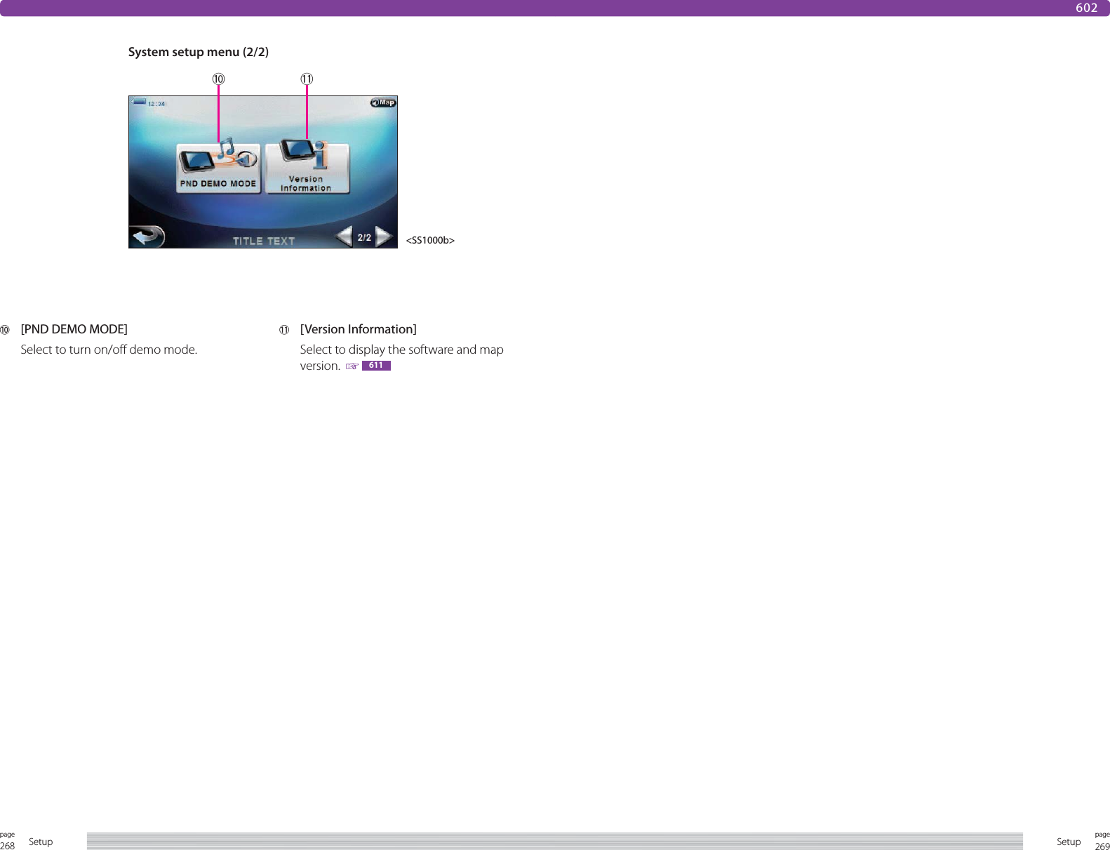 268page Setup 269pageSetup602System setup menu (2/2)&lt;SS1000b&gt;0  [PND DEMO MODE]Select to turn on/off demo mode.- [Version Information]Select to display the software and map version.    6110 -