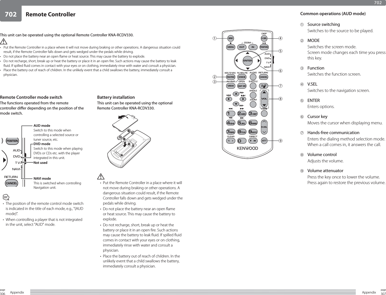 306page Appendix 307pageAppendixRemote Controller702123465897702This unit can be operated using the optional Remote Controller KNA-RCDV330.¤•  Put the Remote Controller in a place where it will not move during braking or other operations. A dangerous situation could result, if the Remote Controller falls down and gets wedged under the pedals while driving.•  Do not place the battery near an open flame or heat source. This may cause the battery to explode.•  Do not recharge, short, break up or heat the battery or place it in an open fire. Such actions may cause the battery to leak fluid. If spilled fluid comes in contact with your eyes or on clothing, immediately rinse with water and consult a physician.•  Place the battery out of reach of children. In the unlikely event that a child swallows the battery, immediately consult a physician.Remote Controller mode switchThe functions operated from the remote controller differ depending on the position of the mode switch.RETURNDVDTVNAVIAUDPOSITIONOCANCEL••••DVD modeSwitch to this mode when playing DVDs or CDs etc. with the player integrated in this unit.AUD modeSwitch to this mode when controlling a selected source or tuner source, etc.NAVI modeThis is switched when controlling Navigation unit.Not used⁄•  The position of the remote control mode switch is indicated in the title of each mode, e.g., &quot;(AUD mode)&quot;.•  When controlling a player that is not integrated in the unit, select &quot;AUD&quot; mode.Battery installationThis unit can be operated using the optional Remote Controller KNA-RCDV330.¤•  Put the Remote Controller in a place where it will not move during braking or other operations. A dangerous situation could result, if the Remote Controller falls down and gets wedged under the pedals while driving.•  Do not place the battery near an open flame or heat source. This may cause the battery to explode.•  Do not recharge, short, break up or heat the battery or place it in an open fire. Such actions may cause the battery to leak fluid. If spilled fluid comes in contact with your eyes or on clothing, immediately rinse with water and consult a physician.•  Place the battery out of reach of children. In the unlikely event that a child swallows the battery, immediately consult a physician.Common operations (AUD mode)1 Source switchingSwitches to the source to be played.2 MODESwitches the screen mode.Screen mode changes each time you press this key.3 FunctionSwitches the function screen.4 V.SELSwitches to the navigation screen.5 ENTEREnters options.6 Cursor keyMoves the cursor when displaying menu.7 Hands-free communicationEnters the dialing method selection mode.When a call comes in, it answers the call.8 Volume controlAdjusts the volume.9 Volume attenuatorPress the key once to lower the volume. Press again to restore the previous volume.V.SELR.VOLOUTMENUINENTERZOOMFNC/MENU/PBCMODE/TOP MENUAUDIOANGLEZOOMRETURNDVDTVNAVIAUDDISP12ABC3DEF4GHI7PQRS#+ BS5JKL8TUV09WXYZ6MNO1AT T2 ZONEVOLFM+AM−POSITIONSRCDY1OOOOOOVOICECANCELROUTEMSUBTITLEAV OUTCLEAR DIRECTOPENMAP DIRVIEW••••OOOO