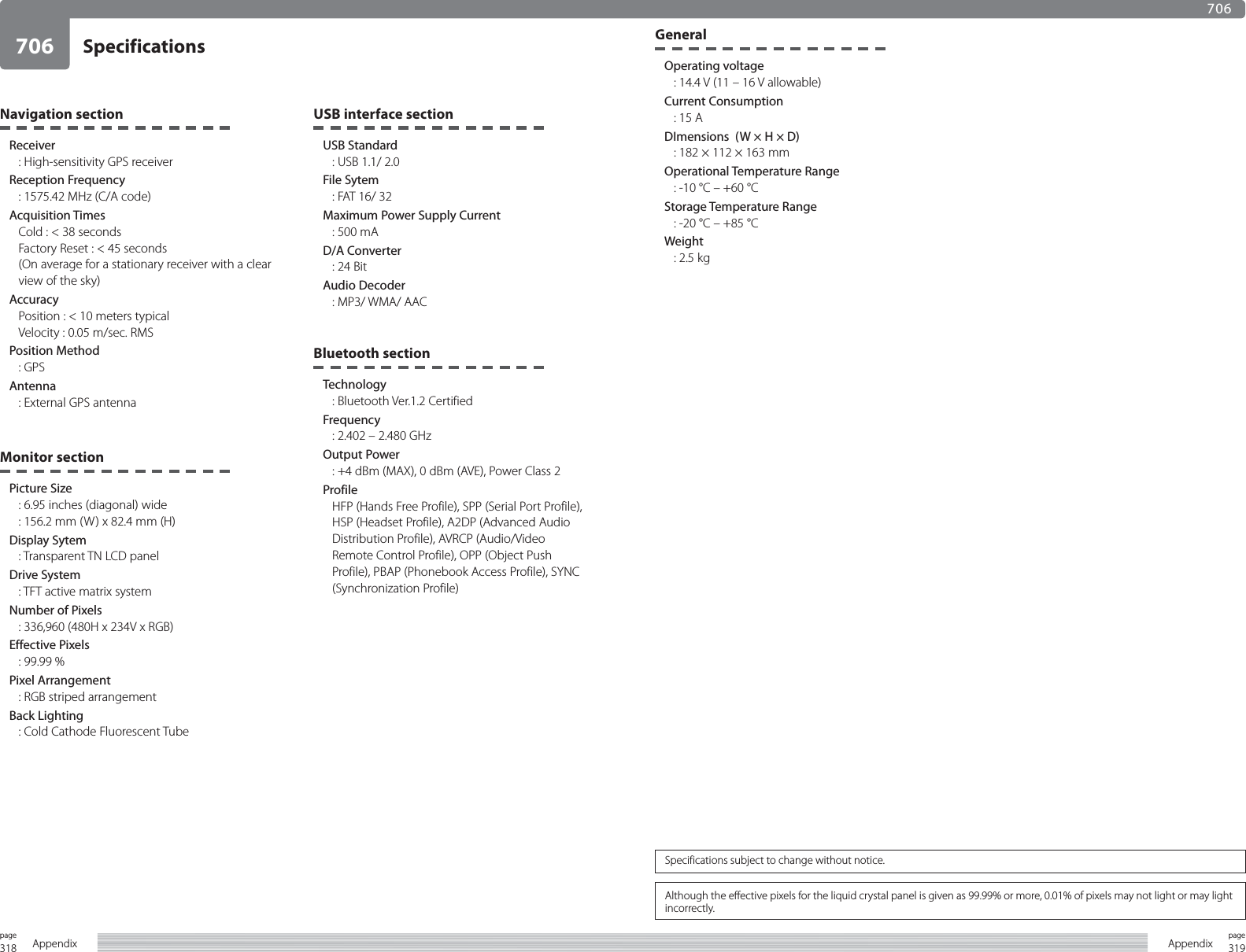 318page Appendix 319pageAppendixSpecifications706706Navigation sectionReceiver: High-sensitivity GPS receiverReception Frequency: 1575.42 MHz (C/A code)Acquisition TimesCold : &lt; 38 secondsFactory Reset : &lt; 45 seconds(On average for a stationary receiver with a clear view of the sky)AccuracyPosition : &lt; 10 meters typicalVelocity : 0.05 m/sec. RMSPosition Method: GPS Antenna: External GPS antenna Monitor sectionPicture Size: 6.95 inches (diagonal) wide: 156.2 mm (W) x 82.4 mm (H)Display Sytem: Transparent TN LCD panelDrive System: TFT active matrix systemNumber of Pixels: 336,960 (480H x 234V x RGB) Effective Pixels: 99.99 %Pixel Arrangement: RGB striped arrangementBack Lighting: Cold Cathode Fluorescent TubeUSB interface sectionUSB Standard: USB 1.1/ 2.0File Sytem: FAT 16/ 32Maximum Power Supply Current: 500 mAD/A Converter: 24 BitAudio Decoder: MP3/ WMA/ AACBluetooth sectionTechnology: Bluetooth Ver.1.2 CertifiedFrequency: 2.402 – 2.480 GHzOutput Power: +4 dBm (MAX), 0 dBm (AVE), Power Class 2ProfileHFP (Hands Free Profile), SPP (Serial Port Profile), HSP (Headset Profile), A2DP (Advanced Audio Distribution Profile), AVRCP (Audio/Video Remote Control Profile), OPP (Object Push Profile), PBAP (Phonebook Access Profile), SYNC (Synchronization Profile)GeneralOperating voltage: 14.4 V (11 – 16 V allowable) Current Consumption: 15 A DImensions  (W × H × D):  182 × 112 × 163 mmOperational Temperature Range:  -10 °C – +60 °CStorage Temperature Range:  -20 °C – +85 °CWeight: 2.5 kgAlthough the effective pixels for the liquid crystal panel is given as 99.99% or more, 0.01% of pixels may not light or may light incorrectly.Specifications subject to change without notice.