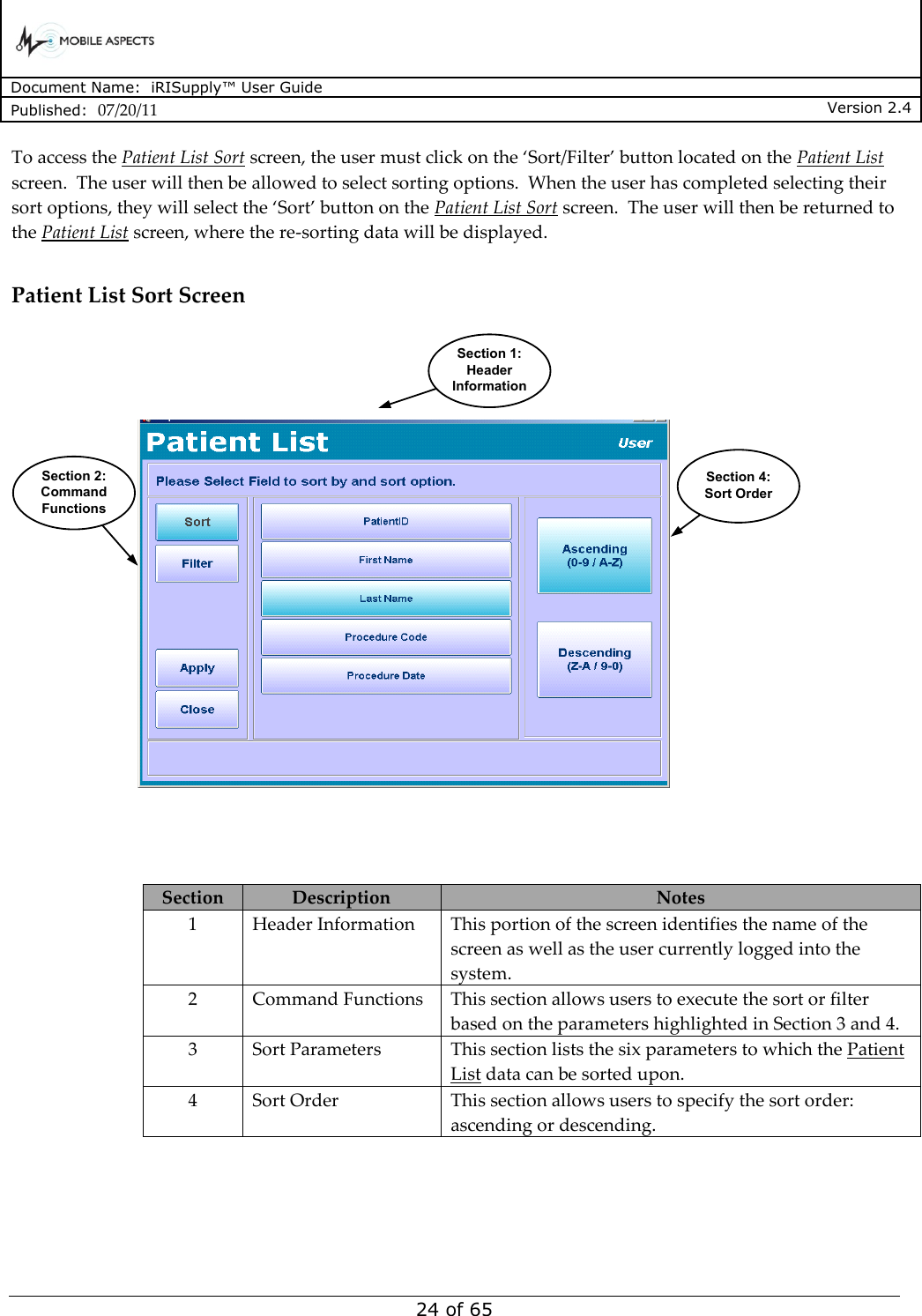      Document Name:  iRISupply™ User Guide Published:  07/20/11 Version 2.4  24 of 65 To access the Patient List Sort screen, the user must click on the ‘Sort/Filter’ button located on the Patient List screen.  The user will then be allowed to select sorting options.  When the user has completed selecting their sort options, they will select the ‘Sort’ button on the Patient List Sort screen.  The user will then be returned to the Patient List screen, where the re-sorting data will be displayed.   Patient List Sort Screen Patient List User NameSection 1:Header InformationSection 2:Command FunctionsSection 4:Sort Order  Section Description Notes 1 Header Information This portion of the screen identifies the name of the screen as well as the user currently logged into the system. 2 Command Functions This section allows users to execute the sort or filter based on the parameters highlighted in Section 3 and 4.  3 Sort Parameters This section lists the six parameters to which the Patient List data can be sorted upon. 4 Sort Order This section allows users to specify the sort order: ascending or descending.  