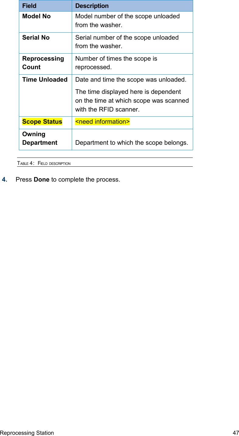 Field  DescriptionModel No Model number of the scope unloaded from the washer.Serial No Serial number of the scope unloaded from the washer.Reprocessing CountNumber of times the scope is reprocessed.Time Unloaded Date and time the scope was unloaded.The time displayed here is dependent on the time at which scope was scanned with the RFID scanner.Scope Status &lt;need information&gt;Owning Department Department to which the scope belongs.TABLE 4:  FIELD DESCRIPTION4. Press Done to complete the process. Reprocessing Station 47
