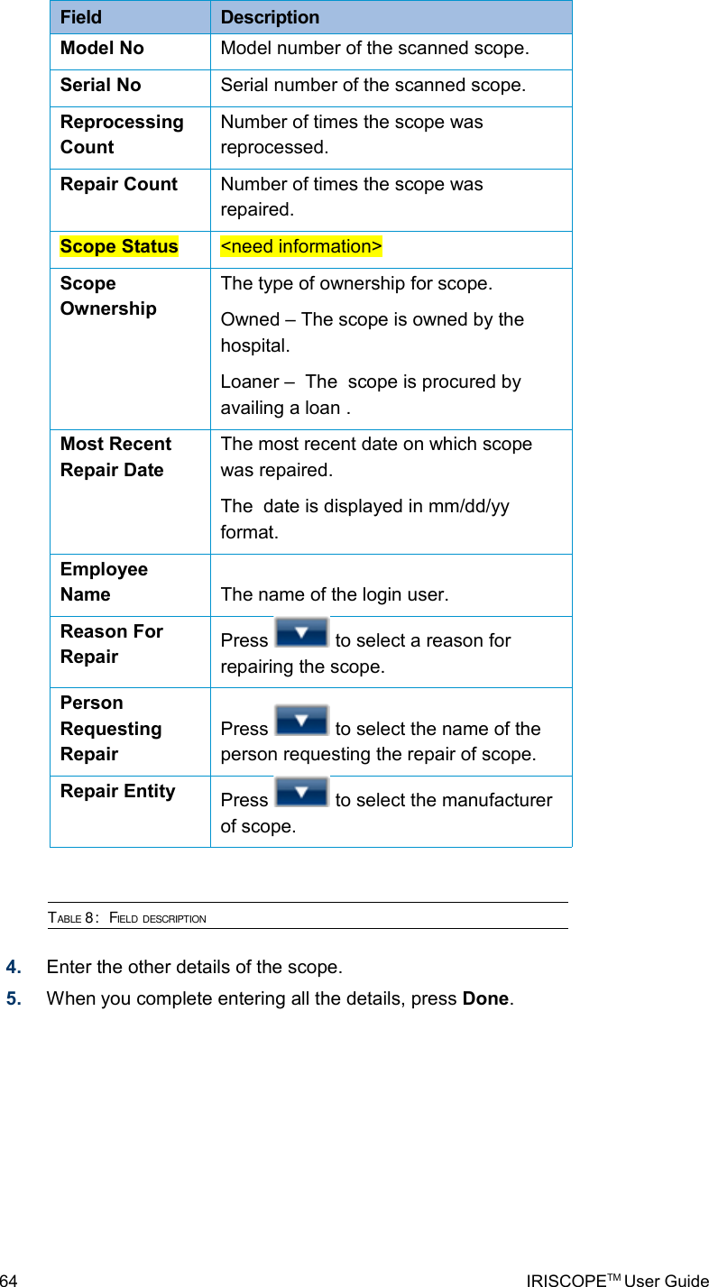 Field  DescriptionModel No Model number of the scanned scope.Serial No Serial number of the scanned scope.Reprocessing CountNumber of times the scope was reprocessed.Repair Count Number of times the scope was repaired. Scope Status &lt;need information&gt;Scope OwnershipThe type of ownership for scope. Owned – The scope is owned by the hospital.Loaner –  The  scope is procured by availing a loan .Most Recent Repair DateThe most recent date on which scope was repaired.The  date is displayed in mm/dd/yy format.Employee Name The name of the login user.Reason For Repair Press   to select a reason for repairing the scope.Person Requesting RepairPress   to select the name of the person requesting the repair of scope.  Repair Entity Press   to select the manufacturer of scope. TABLE 8:  FIELD DESCRIPTION4. Enter the other details of the scope.5. When you complete entering all the details, press Done.64 IRISCOPETM User Guide