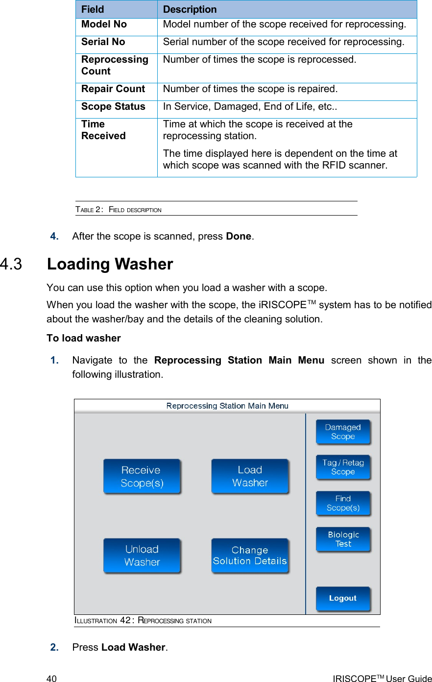 Field  DescriptionModel No Model number of the scope received for reprocessing.Serial No Serial number of the scope received for reprocessing.Reprocessing CountNumber of times the scope is reprocessed.Repair Count Number of times the scope is repaired.Scope Status In Service, Damaged, End of Life, etc..Time ReceivedTime at which the scope is received at the reprocessing station.The time displayed here is dependent on the time at which scope was scanned with the RFID scanner.TABLE 2:  FIELD DESCRIPTION4. After the scope is scanned, press Done. 4.3  Loading WasherYou can use this option when you load a washer with a scope.When you load the washer with the scope, the iRISCOPETM system has to be notified about the washer/bay and the details of the cleaning solution.To load washer1. Navigate   to   the  Reprocessing   Station   Main   Menu  screen   shown   in   the following illustration.2. Press Load Washer. 40 IRISCOPETM User GuideILLUSTRATION 42: REPROCESSING STATION