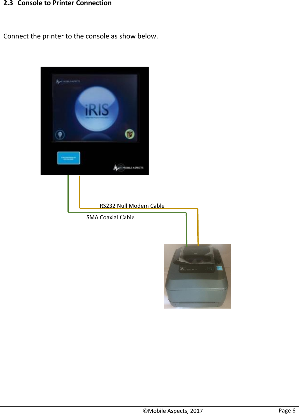   Mobile Aspects, 2017 Page 6    2.3 Console to Printer Connection   Connect the printer to the console as show below.                                          SMA Coaxial Cable RS232 Null Modem Cable 
