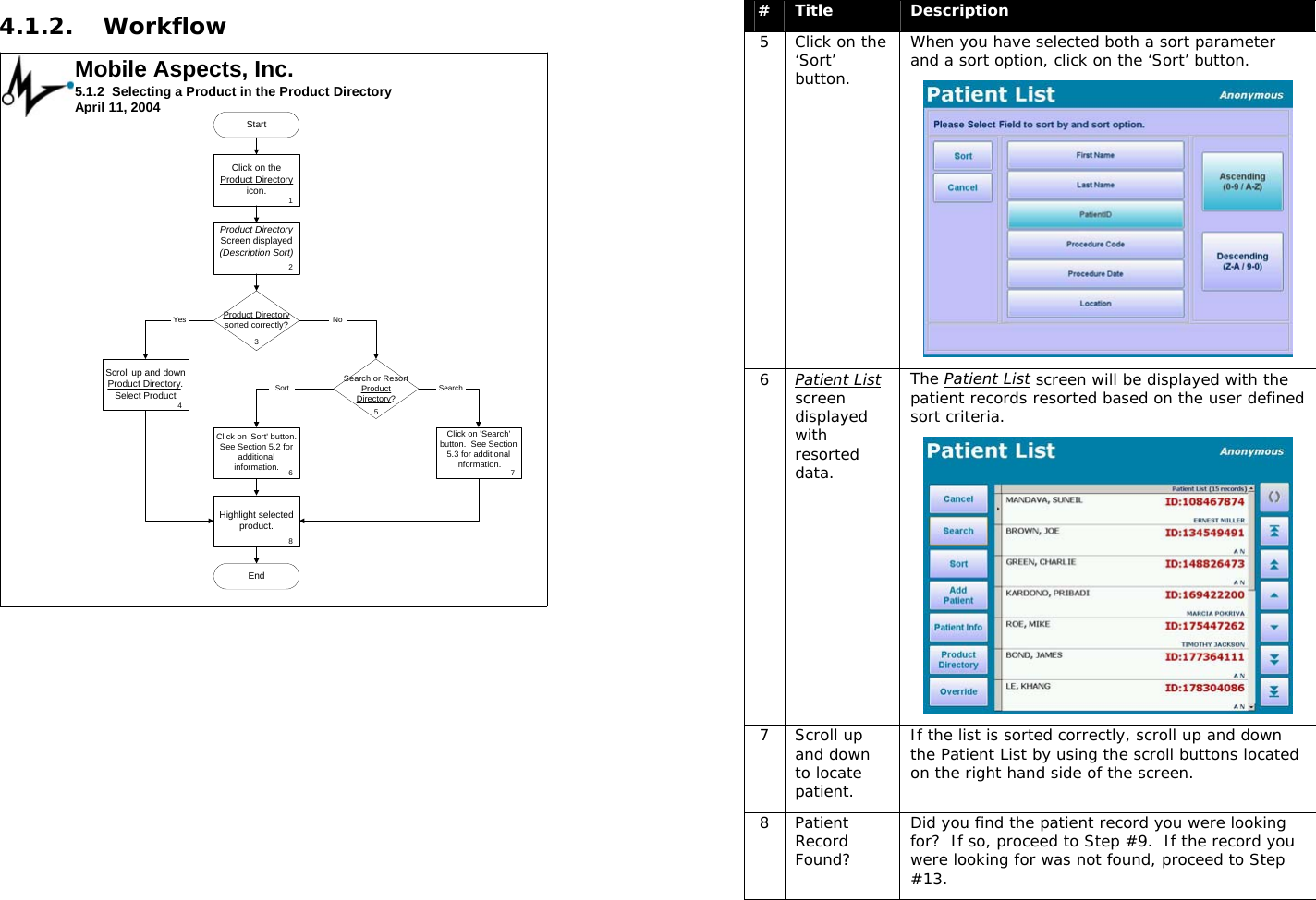  4.1.2. Workflow Click on &apos;Search&apos;button.  See Section5.3 for additionalinformation.Mobile Aspects, Inc.5.1.2  Selecting a Product in the Product DirectoryApril 11, 2004Click on theProduct Directoryicon.StartProduct DirectoryScreen displayed(Description Sort)Scroll up and downProduct Directory.Select ProductClick on &apos;Sort&apos; button.See Section 5.2 foradditionalinformation.Product Directorysorted correctly?Search or ResortProductDirectory?Highlight selectedproduct.End12345687Yes NoSort Search  #  Title  Description 5  Click on the ‘Sort’ button. When you have selected both a sort parameter and a sort option, click on the ‘Sort’ button.  6  Patient List screen displayed with resorted data. The Patient List screen will be displayed with the patient records resorted based on the user defined sort criteria.  7 Scroll up and down to locate patient. If the list is sorted correctly, scroll up and down the Patient List by using the scroll buttons located on the right hand side of the screen.   8 Patient Record Found? Did you find the patient record you were looking for?  If so, proceed to Step #9.  If the record you were looking for was not found, proceed to Step #13. 