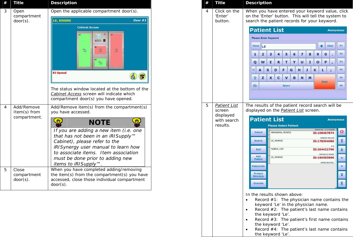  #  Title  Description 3 Open compartment door(s). Open the applicable compartment door(s).  The status window located at the bottom of the Cabinet Access screen will indicate which compartment door(s) you have opened. 4 Add/Remove Item(s) from compartment. Add/Remove item(s) from the compartment(s) you have accessed.  NOTE   If you are adding a new item (i.e. one that has not been in an iRISupply™ Cabinet), please refer to the iRISynergy user manual to learn how to associate items.  Item association must be done prior to adding new items to iRISupply™.  5 Close compartment door(s). When you have completed adding/removing the item(s) from the compartment(s) you have accessed, close those individual compartment door(s).  #  Title  Description 4  Click on the ‘Enter’ button. When you have entered your keyword value, click on the ‘Enter’ button.  This will tell the system to search the patient records for your keyword.  5  Patient List screen displayed with search results. The results of the patient record search will be displayed on the Patient List screen.  In the results shown above: • Record #1:  The physician name contains the keyword ‘Le’ in the physician name. • Record #2:  The patient’s last name contains the keyword ‘Le’. • Record #3:  The patient’s first name contains the keyword ‘Le’. • Record #4:  The patient’s last name contains the keyword ‘Le’. 