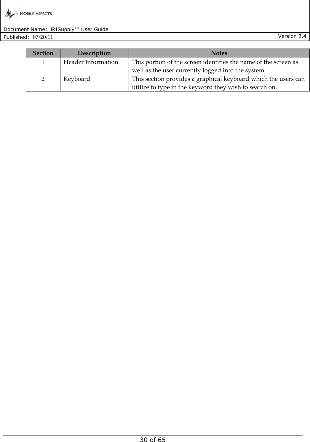      Document Name:  iRISupply™ User Guide Published:  07/20/11 Version 2.4  30 of 65 Section Description Notes 1 Header Information This portion of the screen identifies the name of the screen as well as the user currently logged into the system. 2 Keyboard This section provides a graphical keyboard which the users can utilize to type in the keyword they wish to search on.  