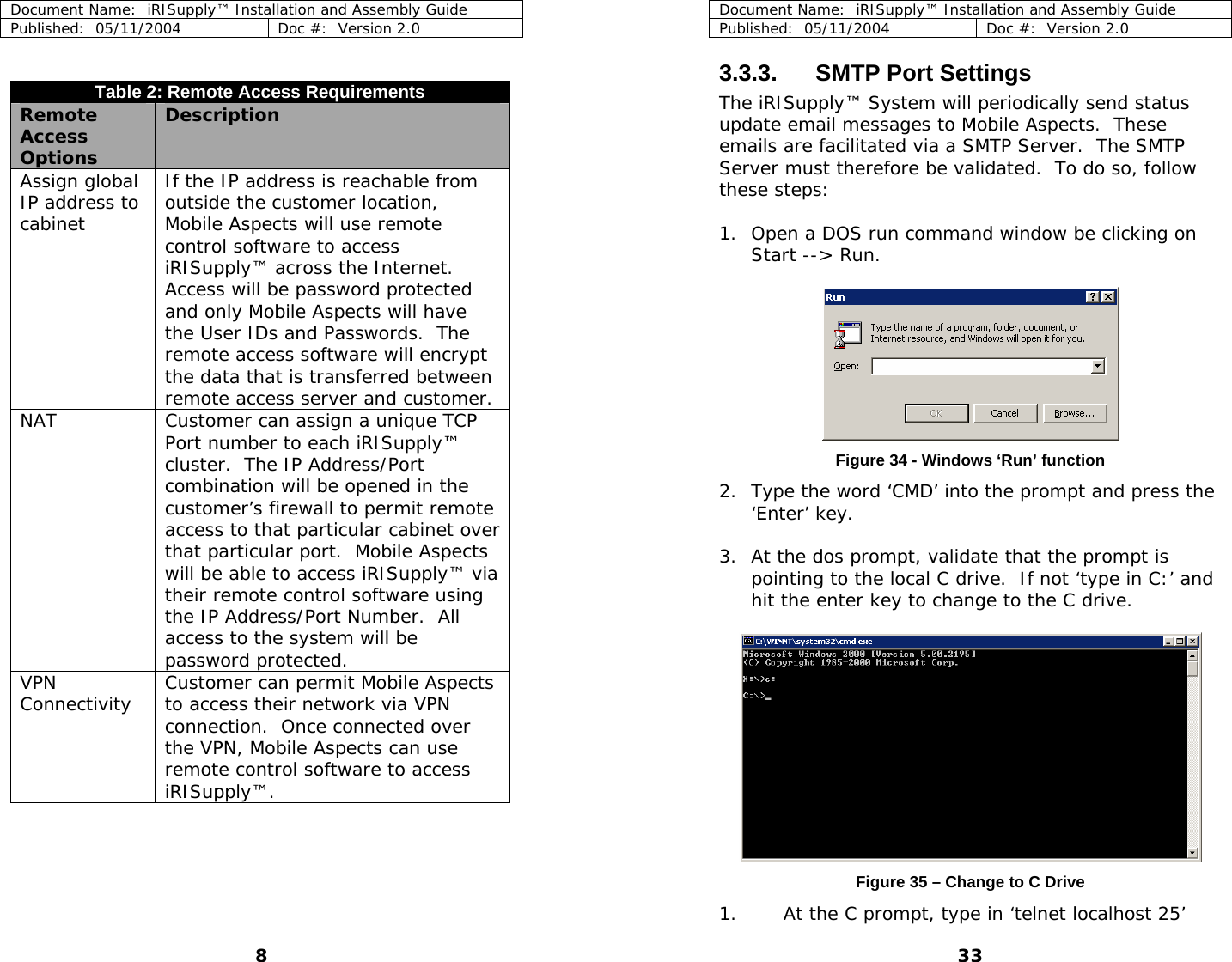 Document Name:  iRISupply™ Installation and Assembly Guide Published:  05/11/2004  Doc #:  Version 2.0  Document Name:  iRISupply™ Installation and Assembly Guide Published:  05/11/2004  Doc #:  Version 2.0  33  3.3.3.  SMTP Port Settings  Table 2: Remote Access Requirements Remote Access  Options Description Assign global IP address to cabinet If the IP address is reachable from outside the customer location, Mobile Aspects will use remote control software to access iRISupply™ across the Internet.  Access will be password protected and only Mobile Aspects will have the User IDs and Passwords.  The remote access software will encrypt the data that is transferred between remote access server and customer. NAT  Customer can assign a unique TCP Port number to each iRISupply™ cluster.  The IP Address/Port combination will be opened in the customer’s firewall to permit remote access to that particular cabinet over that particular port.  Mobile Aspects will be able to access iRISupply™ via their remote control software using the IP Address/Port Number.  All access to the system will be password protected. VPN Connectivity  Customer can permit Mobile Aspects to access their network via VPN connection.  Once connected over the VPN, Mobile Aspects can use remote control software to access iRISupply™. The iRISupply™ System will periodically send status update email messages to Mobile Aspects.  These emails are facilitated via a SMTP Server.  The SMTP Server must therefore be validated.  To do so, follow these steps:  1. Open a DOS run command window be clicking on Start --&gt; Run.   Figure 34 - Windows ‘Run’ function 2. Type the word ‘CMD’ into the prompt and press the ‘Enter’ key.  3. At the dos prompt, validate that the prompt is pointing to the local C drive.  If not ‘type in C:’ and hit the enter key to change to the C drive.    Figure 35 – Change to C Drive 1. At the C prompt, type in ‘telnet localhost 25’ 8 