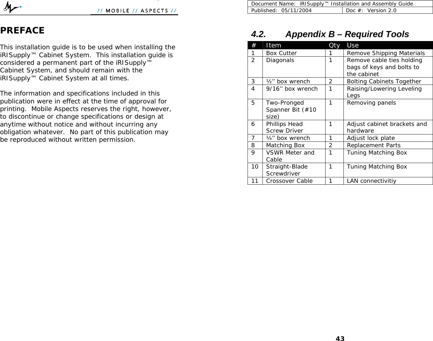  Document Name:  iRISupply™ Installation and Assembly Guide  PREFACE  This installation guide is to be used when installing the iRISupply™ Cabinet System.  This installation guide is considered a permanent part of the iRISupply™ Cabinet System, and should remain with the iRISupply™ Cabinet System at all times.  The information and specifications included in this publication were in effect at the time of approval for printing.  Mobile Aspects reserves the right, however, to discontinue or change specifications or design at anytime without notice and without incurring any obligation whatever.  No part of this publication may be reproduced without written permission. Published:  05/11/2004  Doc #:  Version 2.0  43 4.2.  Appendix B – Required Tools  #  Item  Qty  Use 1  Box Cutter  1  Remove Shipping Materials 2  Diagonals  1  Remove cable ties holding bags of keys and bolts to the cabinet 3  ½’’ box wrench  2  Bolting Cabinets Together 4  9/16’’ box wrench  1  Raising/Lowering Leveling Legs 5       Two-ProngedSpanner Bit (#10 size) 1 Removing panels6   Phillips HeadScrew Driver  1  Adjust cabinet brackets and hardware 7  ¼’’ box wrench  1  Adjust lock plate 8  Matching Box   2  Replacement Parts 9  VSWR Meter and Cable  1  Tuning Matching Box 10   Straight-BladeScrewdriver  1  Tuning Matching Box 11  Crossover Cable  1  LAN connectivitiy  