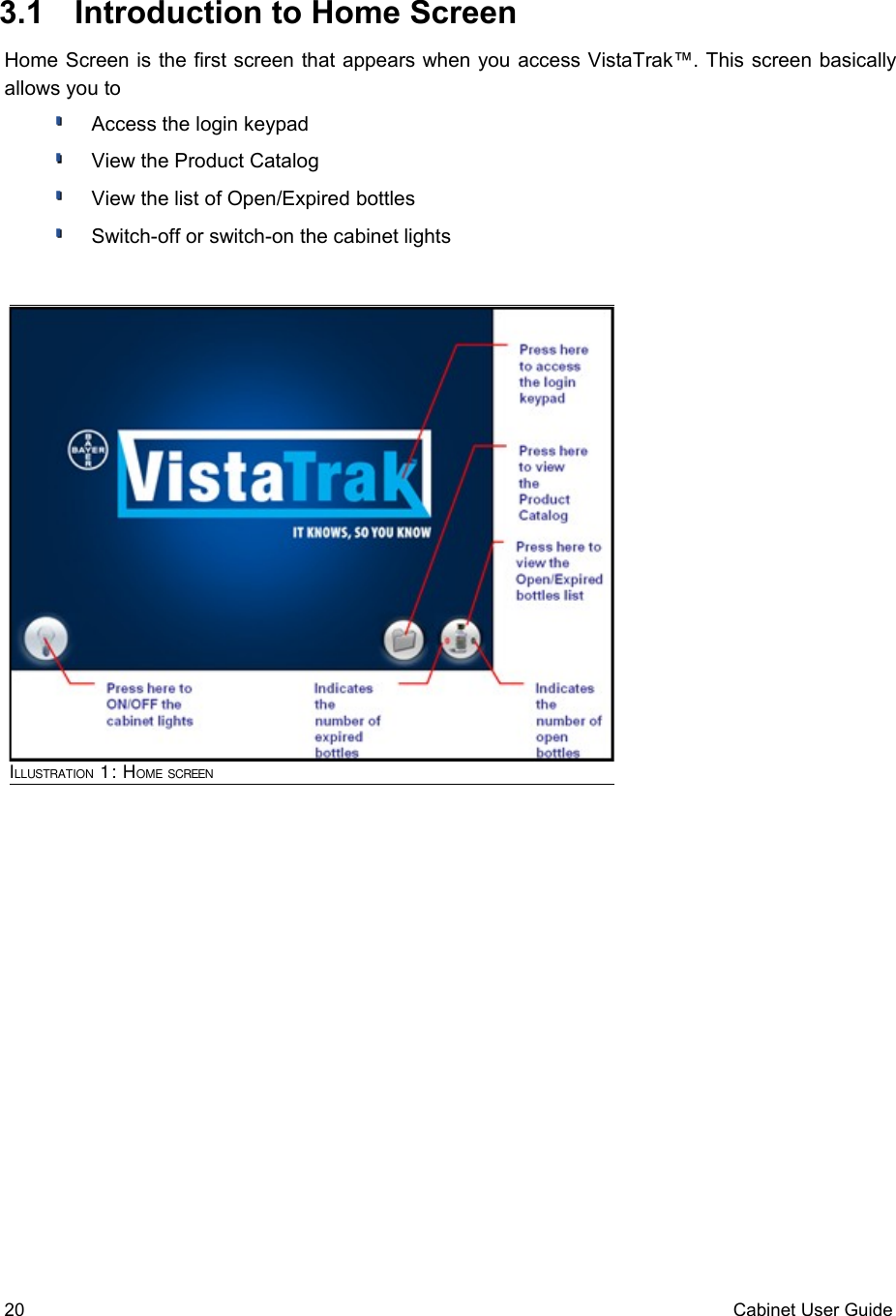  3.1  Introduction to Home Screen Home Screen is the first screen that appears when you access VistaTrak™. This screen basically allows you to  Access the login keypadView the Product Catalog View the list of Open/Expired bottlesSwitch-off or switch-on the cabinet lights20 Cabinet User GuideILLUSTRATION 1: HOME SCREEN