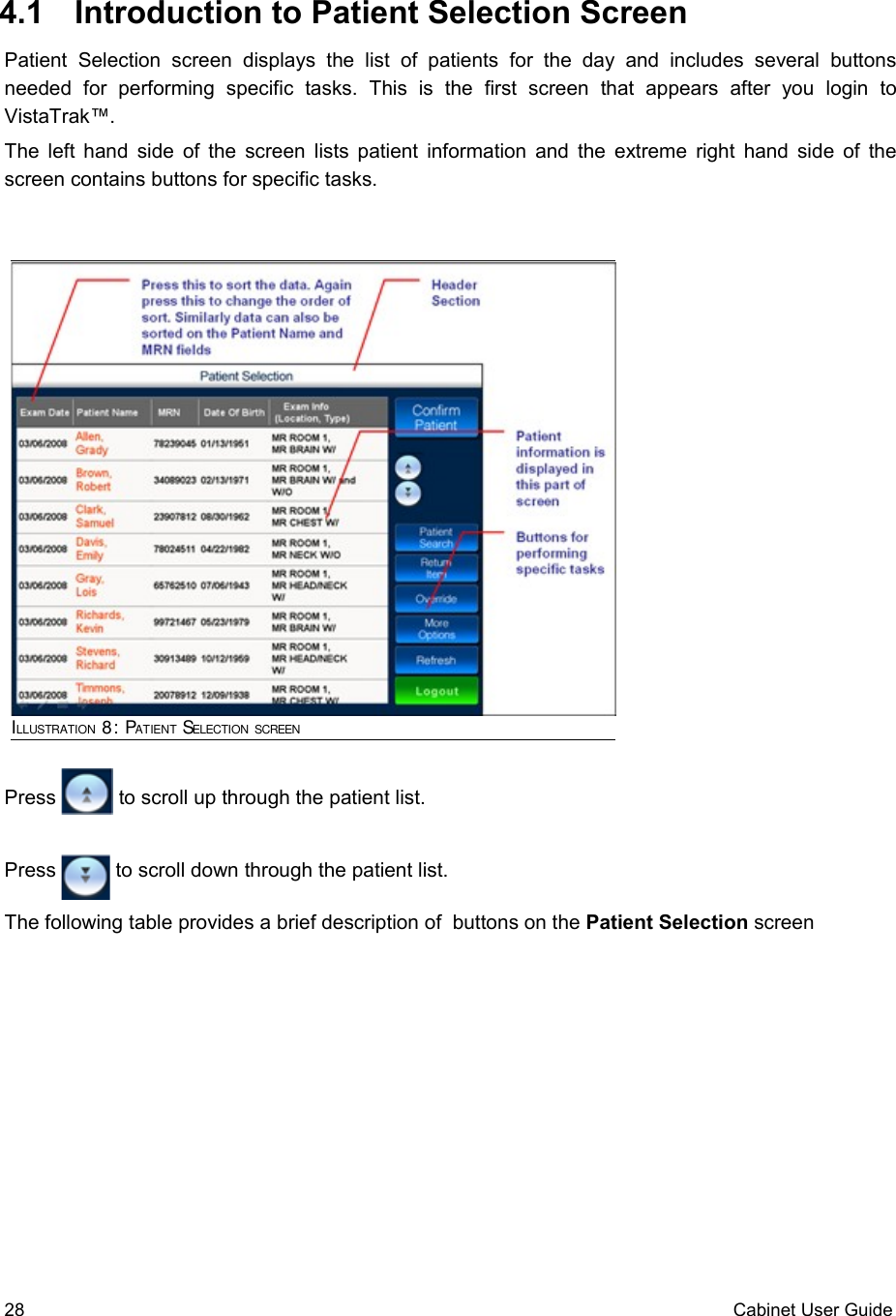  4.1  Introduction to Patient Selection ScreenPatient   Selection   screen   displays  the  list   of   patients   for   the   day  and  includes   several   buttons needed   for   performing   specific   tasks.   This   is   the   first   screen   that   appears   after   you   login   to VistaTrak™. The left hand side of the screen lists patient information and the extreme right hand side of the screen contains buttons for specific tasks.Press   to scroll up through the patient list.Press   to scroll down through the patient list.The following table provides a brief description of  buttons on the Patient Selection screen28 Cabinet User GuideILLUSTRATION 8: PATIENT SELECTION SCREEN