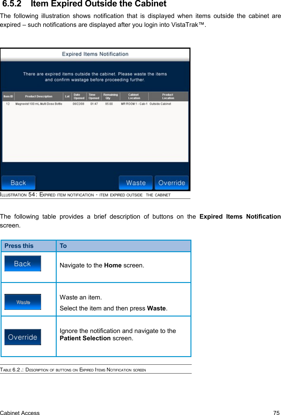  6.5.2  Item Expired Outside the CabinetThe following illustration shows notification that is displayed when items outside the cabinet are expired – such notifications are displayed after you login into VistaTrak™.ILLUSTRATION 54: EXPIRED ITEM NOTIFICATION - ITEM EXPIRED OUTSIDE  THE CABINETThe  following   table   provides   a   brief   description   of   buttons   on   the  Expired   Items   Notification screen.Press this ToNavigate to the Home screen.Waste an item.Select the item and then press Waste. Ignore the notification and navigate to the Patient Selection screen.TABLE 6.2.: DESCRIPTION OF BUTTONS ON EXPIRED ITEMS NOTIFICATION SCREENCabinet Access 75