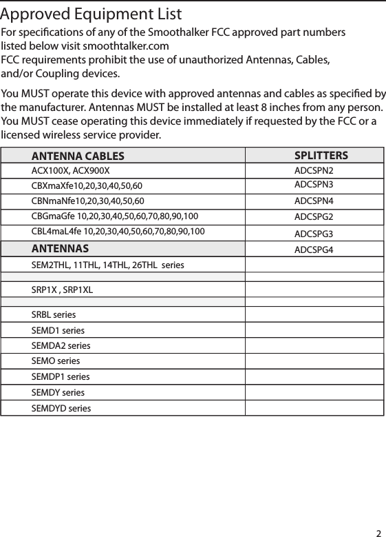 ANTENNA CABLESACX100X, ACX900XCBXmaXfe10,20,30,40,50,60CBNmaNfe10,20,30,40,50,60CBGmaGfe 10,20,30,40,50,60,70,80,90,100CBL4maL4fe 10,20,30,40,50,60,70,80,90,100SPLITTERSADCSPN2ADCSPN3ADCSPN4ADCSPG2ADCSPG3ADCSPG4ANTENNASSEM2THL, 11THL, 14THL, 26THL  seriesSRP1X , SRP1XLSRBL series SEMD1 seriesSEMDA2 seriesSEMO seriesSEMDP1 seriesSEMDY series SEMDYD series 2For specications of any of the Smoothalker FCC approved part numberslisted below visit smoothtalker.comFCC requirements prohibit the use of unauthorized Antennas, Cables,and/or Coupling devices.    You MUST operate this device with approved antennas and cables as specied bythe manufacturer. Antennas MUST be installed at least 8 inches from any person.You MUST cease operating this device immediately if requested by the FCC or alicensed wireless service provider. Approved Equipment List
