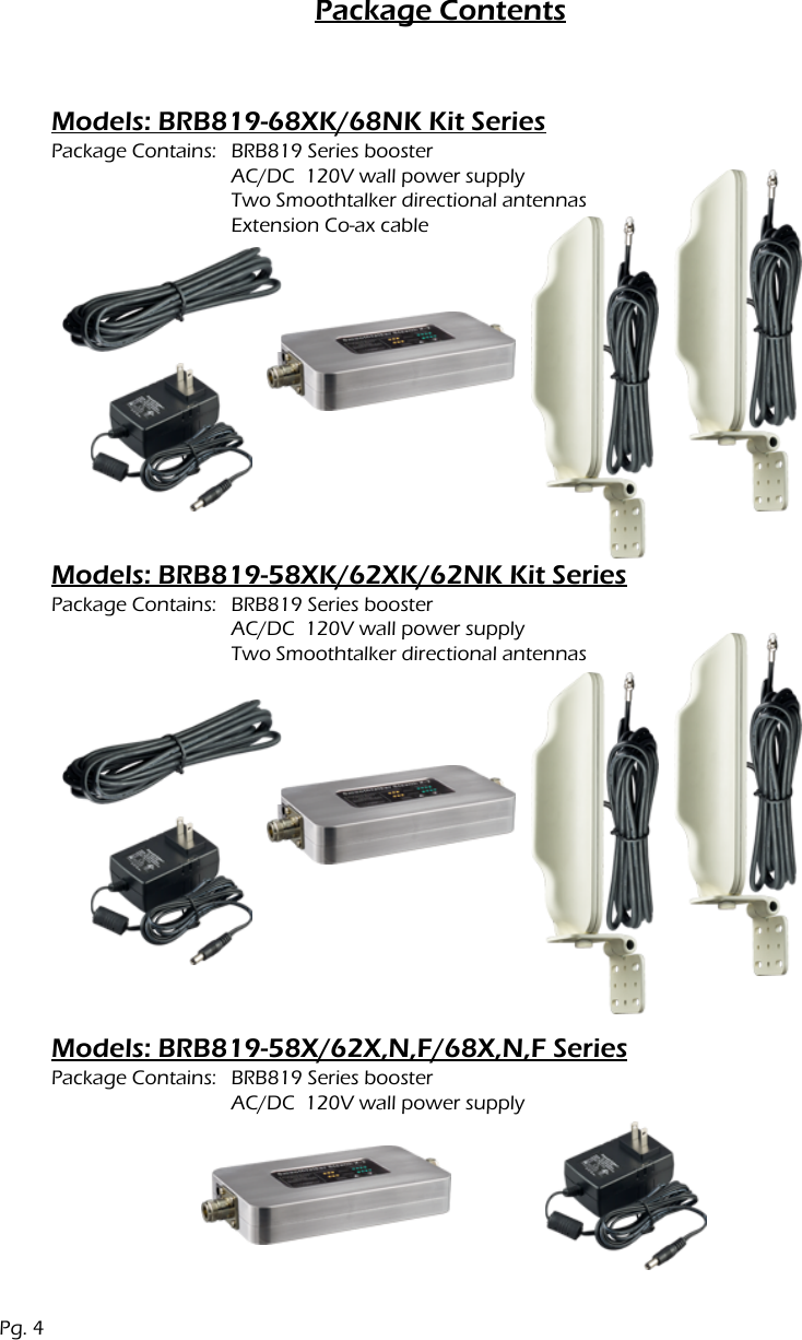 Package ContentsModels: BRB819-68XK/68NK Kit SeriesModels: BRB819-58XK/62XK/62NK Kit SeriesModels: BRB819-58X/62X,N,F/68X,N,F SeriesPackage Contains:Package Contains:Package Contains:BRB819 Series boosterAC/DC  120V wall power supplyTwo Smoothtalker directional antennasExtension Co-ax cableBRB819 Series boosterAC/DC  120V wall power supplyTwo Smoothtalker directional antennasBRB819 Series boosterAC/DC  120V wall power supplyPg. 4